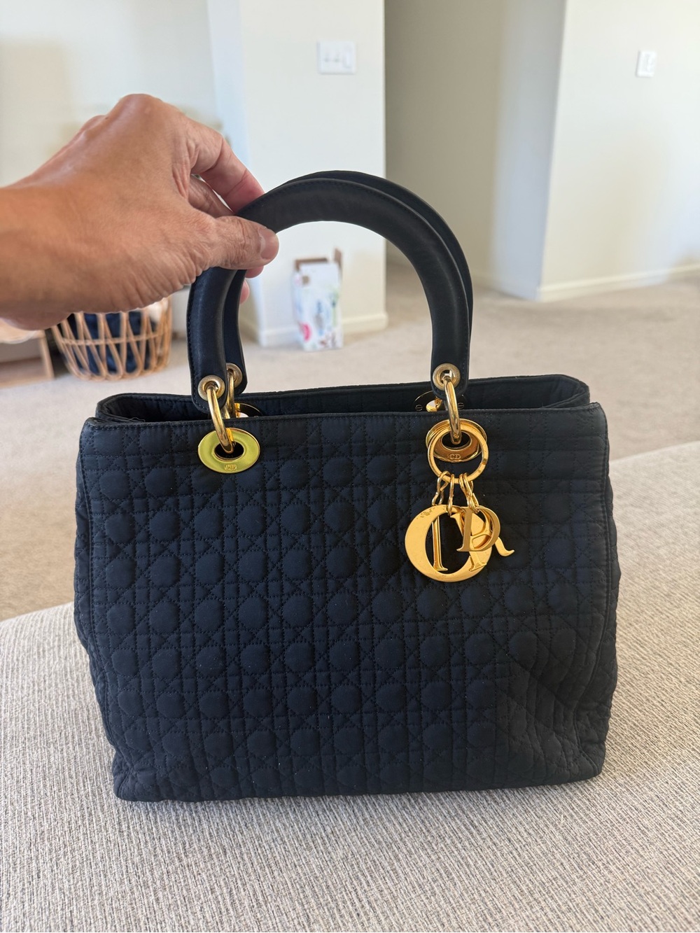 Dior Lady Dior Cannage Nylon Black Quilted Top-Handle Bag with Gold Hardware